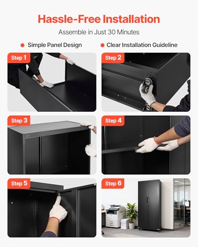 VEVOR Metal Storage Cabinet, 72.6 in Rolling Steel Garage Cabinet with 4 Adjustable Shelves, 2 Magnetic Doors & 2 Keys, 5 Tiers Lockable Tool Storage for Pantry, Warehouse, Basement, Office, Black