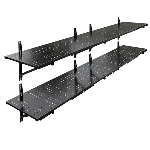 FLEXIMOUNTS 2-Pack 1x6ft Garage Shelving 14-inch-by-68-inch Perforated Wall Shelf, Heavy Duty Garage Storage Rack with 1400 lbs Load Capacity, Wall Mounted Organization System for Tools, Heavy Bins