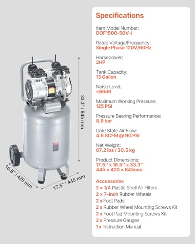 VEVOR 13-Gallon Air Compressor, 2HP, 4.6 SCFM@90PSI, Oil-Free Tank, 66dB Quiet Operation, Ideal for Tire Inflation, Woodworking, Auto Repairs, and Spray Painting (Maximum Pressure 125 PSI)