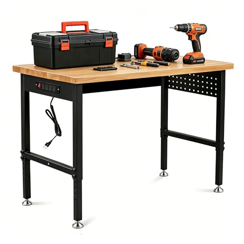 48/60/70 Inch Adjustable Workbench with Power Outlet Heavy Duty 2500 LBS Load Capacity Hardwood Work Table for Garage 6 Level Height Adjustable Workshop Bench (48"x24")