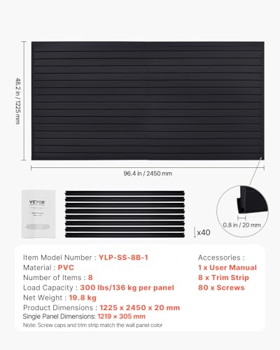 VEVOR Slat Wall Paneling, 8 x 4 ft, PVC Garage Slatwall without Accessories, Black Slat Wall Easy-to-Install Adjustable Slatwall Panel with Coupling Structure & DIY Cutting, Fits for Storage & Display