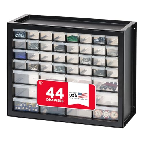 IRIS USA 44-Drawer Small Parts Organizer, Made in USA, Storage Drawers for Screws, Nuts, Bolts, Electronics, Hardware, Beads, Crafts, Building Bricks, Stackable Garage Storage Cabinet, Black