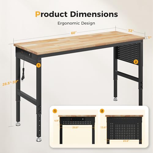 CAMMOO 60" Adjustable Heavy Duty Workbench, 2000 LBS Load Capacity Rubber Wood Work Table with Pegboard, Power Outlets, Work Bench for Garage, Workshop, Office, Home, Commercial