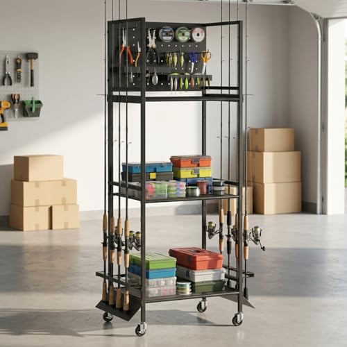 GloCryp 12-Rod Fishing Pole Holders for Garage, 3-Shelf Fishing Rod Holder with Pegboard and Trays, 360° Rotatable, Rolling Fishing Storage Cart with Wheels for Tackle Box & Fishing Gear Organization