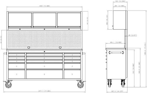 CHETTO C 72 inch Tool Chest Tool Box Mobile 15 Drawers Storage 3 Upper Cabinets SS-Pegboard Rolling Cabinet with Wheels Lock Key Locking System Drawer Liners for Garage Warehouse Repair Shop Black