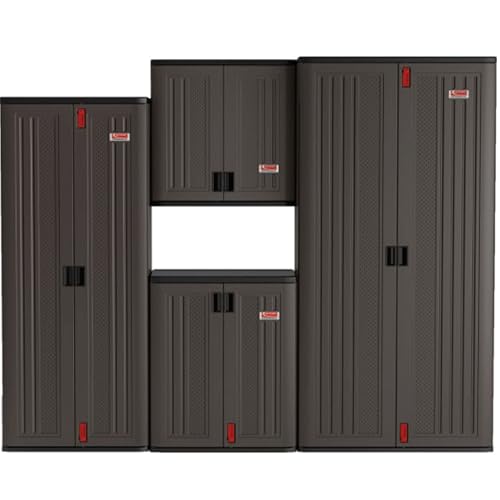 Suncast Commercial 4 Shelf Mega Tall Storage Cabinet, Lockable Garage Utility Shelving Unit, Heavy Duty Plastic Resin Organizer, Gray