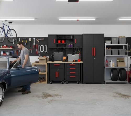 Tsnritor 6Piece Garage Storage Cabinet System, Garage Cabinets and Storage System Workshop Set with Steel Cabinet, Cabinet Drawers, Workbench, Pegboard for Tool Organization