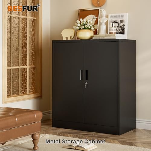 BESFUR Metal Storage Cabinet, Garage Storage Cabinet with 2 Adjustable Shelves, Locking Short Storage Cabinet for Office Garage Home, Black Metal Cabinets (36" H x 31.5" W x 16" D)