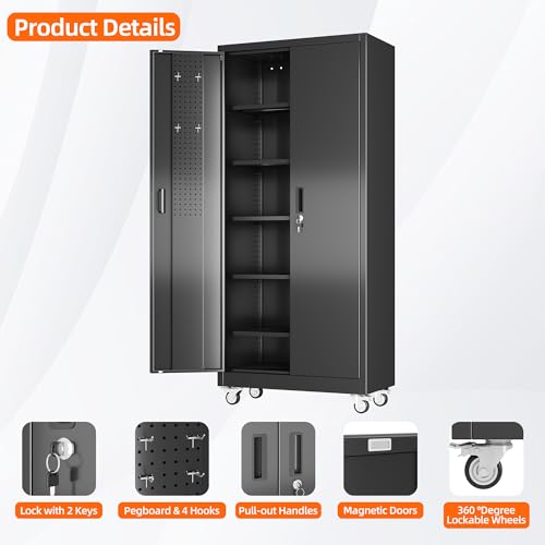 SUXXAN Metal Storage Cabinet with Wheels and Pegboard, 71" Tall Industrial Heavy Duty Steel Cabinet with 5 Adjustable Shelves & Locking Doors for Garage, Office, Pantry, Warehouse, Black