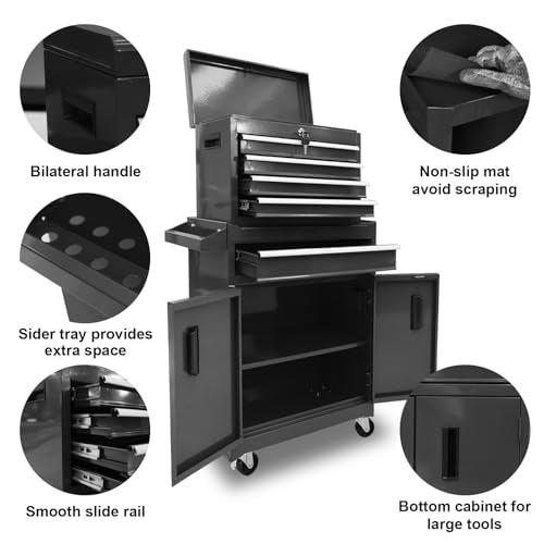 Torin 5-Drawer Rolling Tool Chest: Metal Tool Box with Wheels, Removable Top Tool Box, Liner, Adjustable Shelf and Locking Mechanism for Garage Workshop,Black