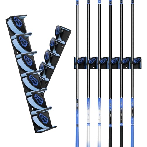 Tcakelox Vertical Fishing Rod Holder, Wall Mounted Fishing Rod Holder, Fishing Pole Rack Holds Up to 6 Rods or Combos, Fishing Rod Holders for Garage, Fits Most Rods of Diameter 3-19mm (1, Blue)