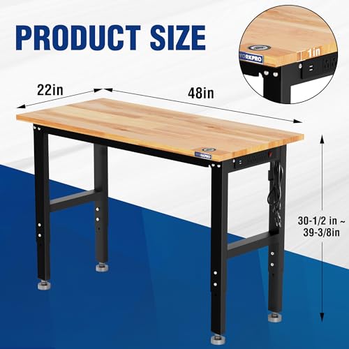 WORKPRO Adjustable Garage Workbench, 48"x22" Rubber Wood Top Heavy-Duty Work Desk with Power Outlets, Leveling Foot, 5 Heights, 1500 LBS Load Capacity Work Benches for Garage, Workshop