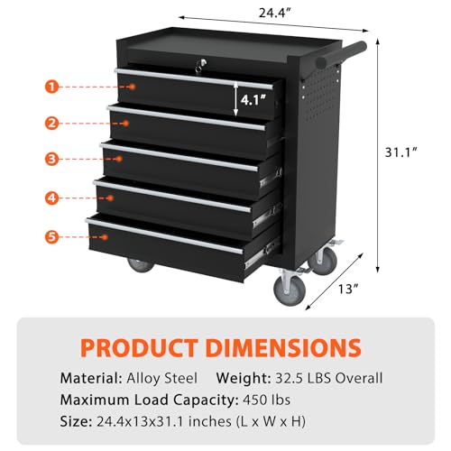 Granper 5-Drawer Rolling Tool Chest, Tool Box with 4 Wheels and Drawers, High Capacity Detachable Mobile Tool Storage Cabinet for Garage, Workshop, Mechanics and Repair Room (Black)