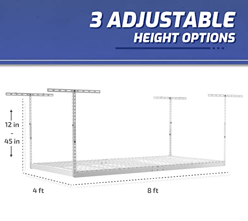 SafeRacks Overhead Garage Storage Rack, Heavy Duty Racks for Garage w/ 600 lb Capacity, Easy Garage Storage Adjustable Storage Rack Ceiling Mount Storage for Garage 4x8 White, 24"-45" (2 Pack)