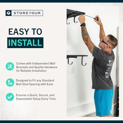 StoreYourBoard Garage Shelving Wall Mounted | 1x4 Heavy Duty Garage Wall Shelves 2-Pack, 12” Deep x 46.5” Long | Steel Wall Shelf Garage Storage Rack with Hooks, 200 lb Each / 400 lb Total, Black