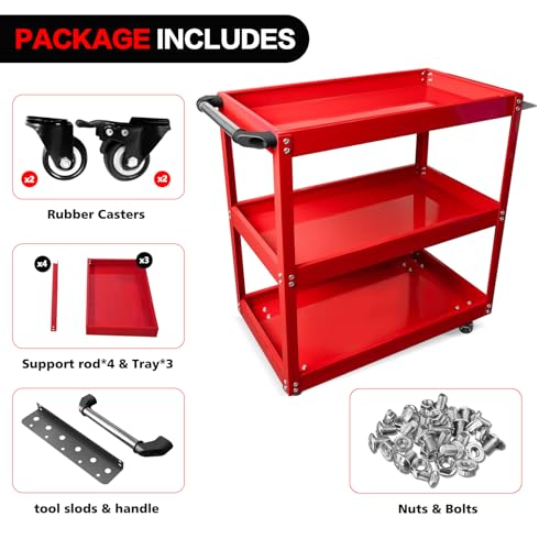 YATOINTO Updated Rolling Tool Cart 330LBS Metal 3 Tier Rolling Cart Carts with Wheels Heavy Duty Utility Carts, Ergonomic Handle Rolling Mechanic Tool Cart Storage Organizer for Warehouse Garage