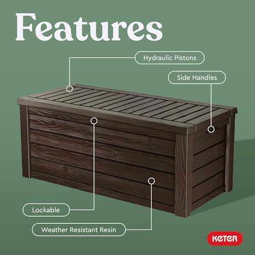 Keter 150 Gallon Resin Large Deck Box Organization and Storage Box for Patio, Outdoor Cushions, Garden Tools, Brown