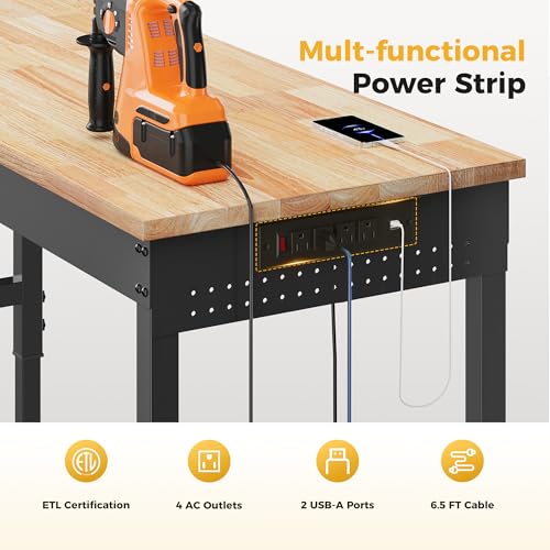 CAMMOO 96" Adjustable Heavy Duty Workbench, 2000 LBS Load Capacity Rubber Wood Work Table with Pegboard, Power Outlets, Work Bench for Garage, Workshop, Office, Home, Commercial, Ships in 2 Boxes