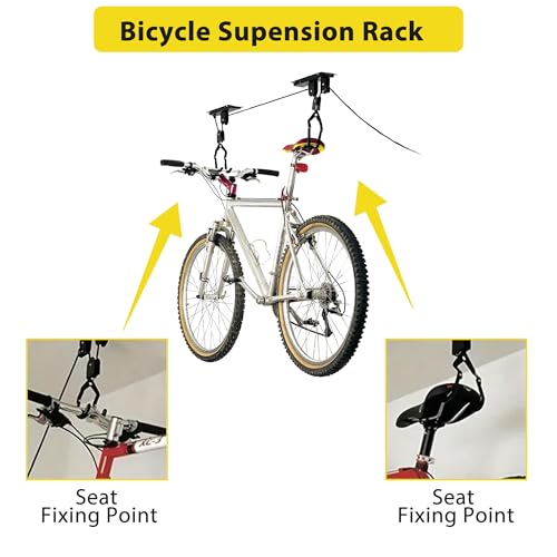 Heavy Duty Garage Ceiling Bike Hoist & Lift System - 100lbs Capacity Overhead Storage Rack for Bicycles, Kayaks, Ladders & Canoes,Space-Saving Pulley Hoist with Secure Locking Mechanism & Wall Hooks