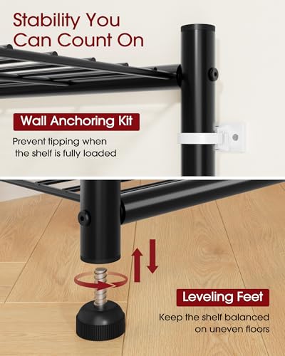 Sakugi Storage Shelves - 5-Tier Metal Storage Shelves with Wall Anchoring Kit & Leveling Feet, Sturdy Steel Shelf Organizer for Kitchen, Laundry Room, Bathroom, 23.6" x 13.7" x 59", Black