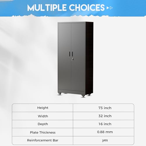 Greenvelly Metal Garage Storage Cabinet with 4 Swivel Wheels, 73” Black Storage Cabinet on Wheels, Rolling Tool Cabinet with Locking Doors and Shelves for Garage, Basement, Home, Warehouse