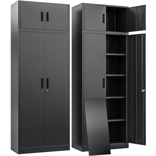 BESFUR Metal Storage Cabinet 87" H,Tall Locking Storage Cabinets with Top Cabinet and 4 Adjustable Shelves for Home Office, Garage,School, Apartment, Warehouse, Utility Room，Black