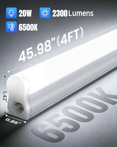 SUNLINKCO (6 Pack) 4FT T5 LED Integrated Fixture, 6500K,20W,2300LM(Super Bright White) Linkable LED Shop Light,Garage Ceiling and Cabinet Light,Strip Light,Corded Electric with ON/Off Switch