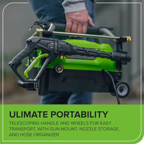 Greenworks 2100 PSI (1.2 GPM) Electric Pressure Washer (25°, 40°, Turbo Nozzle, Soap Applicator) for Use On Decks, Fences, Concrete Patios, Sidewalks & More. Medium-Duty