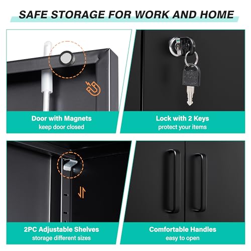 SISESOL 36 inch Metal Storage Cabinet with Doors and Shelves,Small Garage Storage Cabinet with Lock,Black Metal Cabinets with Locking Doors for Home,Office,Short Garage Cabinets