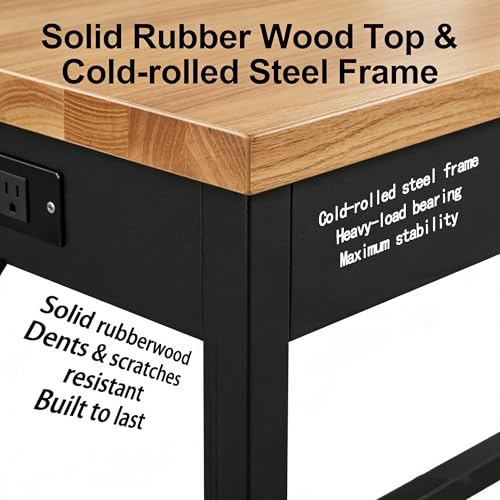 48/60/70 Inch Adjustable Workbench with Power Outlet Heavy Duty 2500 LBS Load Capacity Hardwood Work Table for Garage 6 Level Height Adjustable Workshop Bench with Wheels (60"x24"Double-Layer)