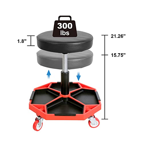 Torin ATRXF8308B Pneumatic Mechanic Stool/Rolling Shop Creeper Seat with Adjustable Height and 4 Removable Tool Trays, 300 lb Capacity, Black/Red