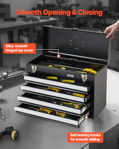 VEVOR Metal Tool Box, 20.5-inch, Portable Metal Tool Box with 4 Drawers, Small Tool Chest with EVA Liners, Ball Bearing Slide Drawers Locking & Powder Coated Finish, Multi-Function Tool Organizer