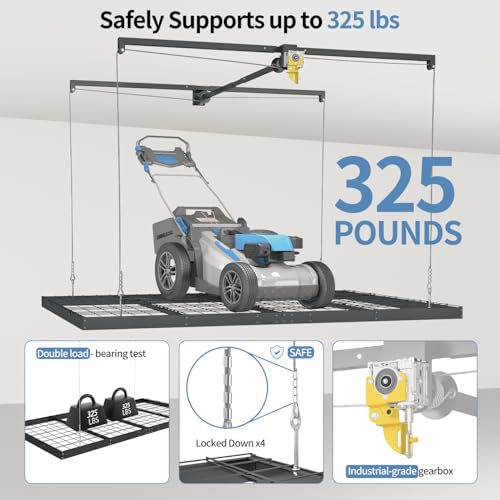 Overhead Garage Storage Rack – 4x8 FT Garage Ceiling Storage Racks with Safety Lock, Heavy-Duty Ceiling Mounted Lift System and Storage Organizer, Ideal for Maximizing Overhead Space, 325 lbs Capacity