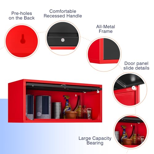 Yizosh Metal Wall Cabinet with Doors, Wall Mounted Storage Cabinet, Floating Tool Cabinet for Kitchen, Basement, Warehouse (Red Black, 13.7" H)