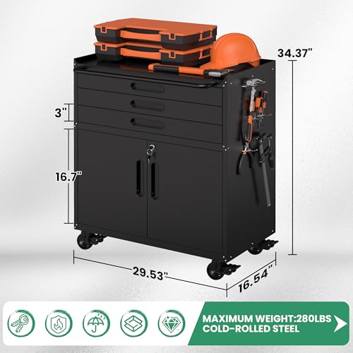 VIYET Garage Storage Cabinet, Metal Rolling Tool Cabinet with 2 Pegboard and 10 Hook, Heavy Duty Mechanics Tool Chest Storage for Workshop, Basement, Warehouse, Include Workbench Liner, Black
