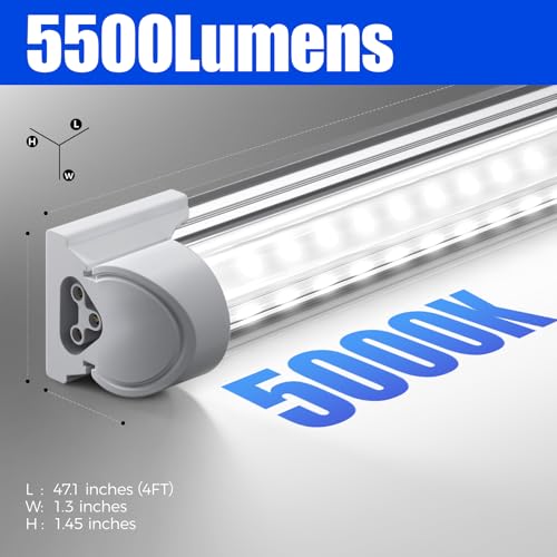 Barrina LED Shop Lights 4FT, 40W 5500LM 5000K Daylight White, T8 LED Garage Lights, V Shape, Clear Cover, High Output Tube, Linkable 4 Foot LED Strip Light for Workshop, Warehouse with Plug, 6 Packs