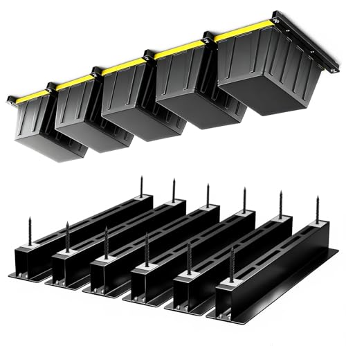 Yuleimy Overhead Garage Storage Rack for 27 Gallon Totes (6-Pack for 5 Bins), Heavy Duty Metal Ceiling Mount Hanging Bin Rails, Adjustable Storage Track System for Workspace Organization