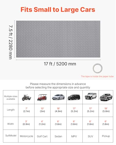 VEVOR Garage Floor Roll, 7.5 x 17 ft Garage Flooring Mat, 2.2 mm Thickened PVC Diamond Plate Floor Protector Mat with Double-Sided Tape, Non-Slip, Easy to Clean for Warehouse, Gyms,Silver Gray