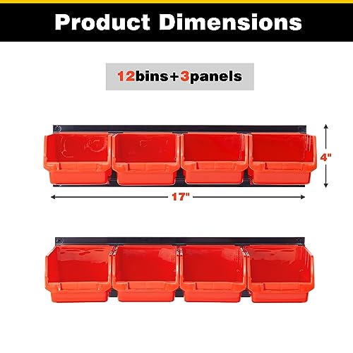 Ultrawall Wall Mounted Storage Bins, Plastic Hanging Storage Organizer Bins, Garage Tool Storage System for Screws, Nuts, Bolts, Nails, and Small Hardware Parts, 12x bins & 3 x rails, Orange
