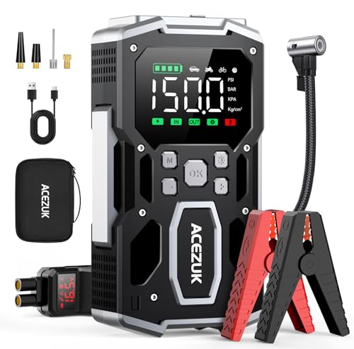 Portable Car Jump Starter with Air Compressor, ACEZUK 160PSI 8000A Jump Starter (All Gas/10.0L Diesel), 12V Battery Jump Box Car Battery Jumper Starter with 3.4" LCD Display, 2 Lights