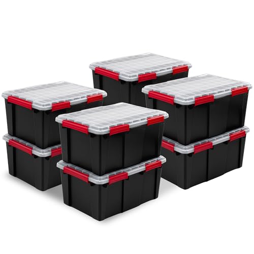 Sterilite 8 Pack Gasket Box, Stackable Plastic 20 Gallon Storage Container with Lids, Black - Waterproof and Dustproof Tote for Home Organization