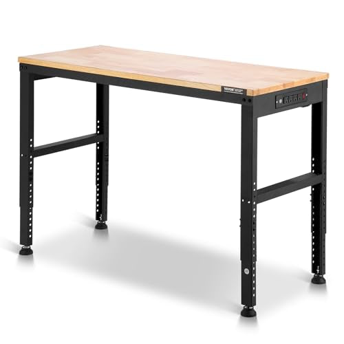 VEVOR Adjustable Workbench, 48 x 20-inch Heavy Duty Work Bench with 28.5-38.3 Inches Height Adjustment, 2000 lbs Capacity Garage Workbench with Power Outlets, Suitable for Office, Garage, Workshop