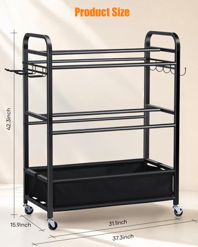 EXTCCT Ball Storage Sports Equipment Organizer - Garage Storage Cart Rolling Ball Storage Rack with Hooks Wheels Outdoor Indoor Gym Gear Toy Holder Bin for Basketball, Baseball, Soccer