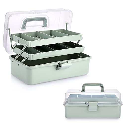 BTSKY 3-Layer Plastic Dividing Storage Box Craft Organizer and Storage with Adjustable Spacers Portable Handled Art Supply Organizer Multipurpose Home Utility Box for Medicine Sewing(Haze Green)