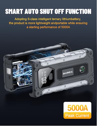 Sharmeal Car Jump Starter 5000A, Jump Starter Battery Pack for 10.0L Gas and 9.0L Diesel, 12V Portable Jump Box with LED Light