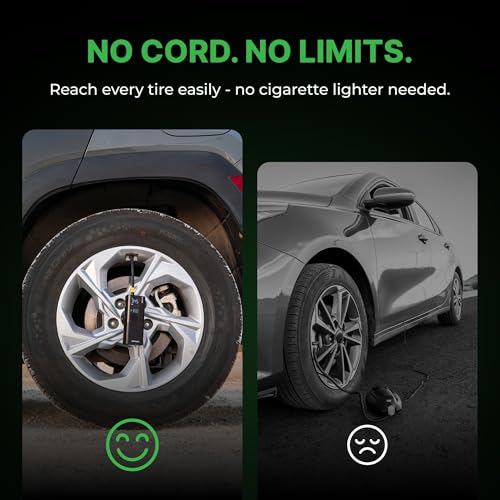Airmoto Tire Inflator Portable Air Compressor - Air Pump For Car Tires with Digital Pressure Gauge, LED Light and Auto Shut-Off Function - Cordless Pump for Car, Motorcycle, Bicycle, Ball