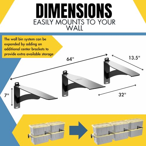 Koova Wall Mounted Tote Rack Storage System, Fits 27-Gallon Black and Yellow Commander Style Bins, Wall Mount Bracket Shelves for Garage Organization, Heavy Duty Steel, Made in USA (3-Piece Set)