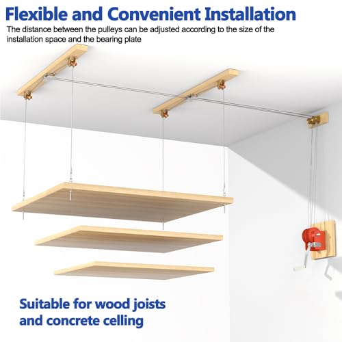 TooTaci Overhead Garage Storage Lift with 3/16 Steel Cable & Winch, Heavy Duty Ceiling Mounted Garage Storage Lift System for Organization, 300lbs Weight, Supports 8-16ft Ceilings (Deck Not Includ)