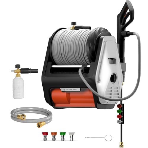 Giraffe Tools Grandfalls Retractable Wall Mounted Pressure Washer Pro, 3700 PSI, 1.6 GPM Electric Power Washer, Automatic Rewind, 100ft Pressure Hoses, 5 Nozzles for Cars/Fences/Patios, Light Silver