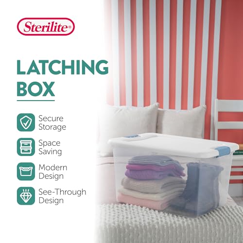 Sterilite 12-Pack 64 Qt Latching Box & 4-Pack Deep Clip Box, Clear Organizer Bins w/Lids – Stackable Plastic Tote Containers for Home, Closet, Office, Bathroom, and Bedroom Storage Organization